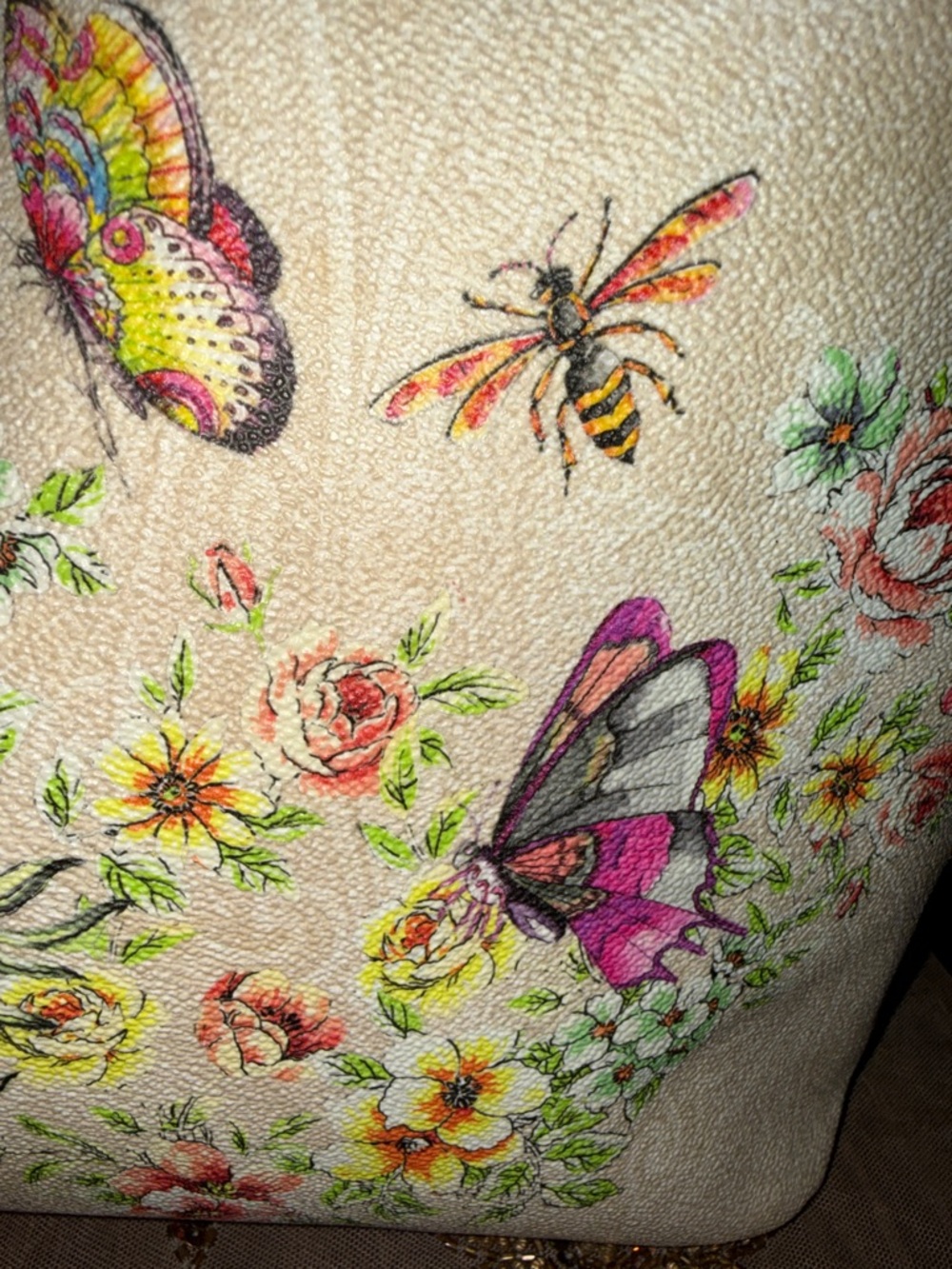 Floral Butterfly Canvas Tote with Pouch - Cream - Picture 5 of 16